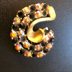 Mid Century Gold Plated, Black and Rhinestone Pin